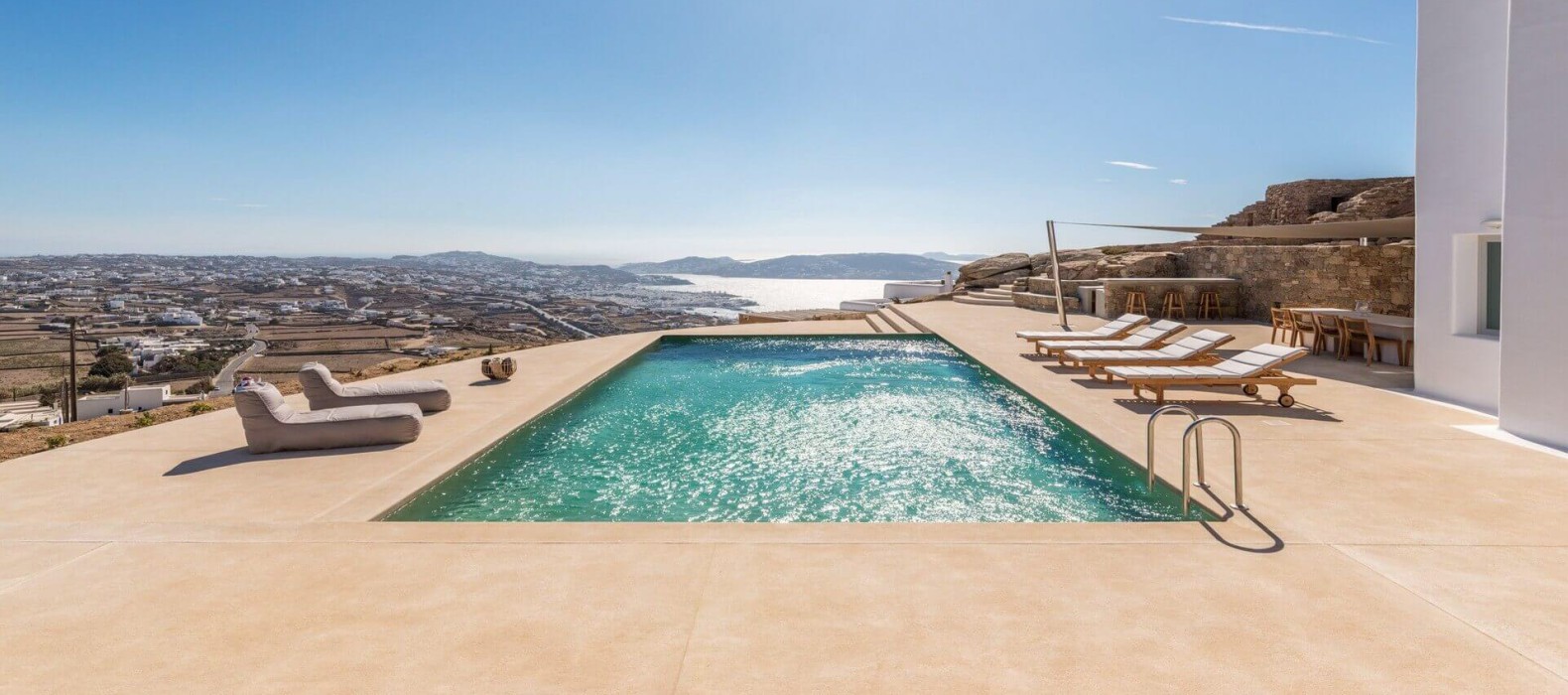 Pool area with sea view of Villa Celestial Theresa in Mykonos