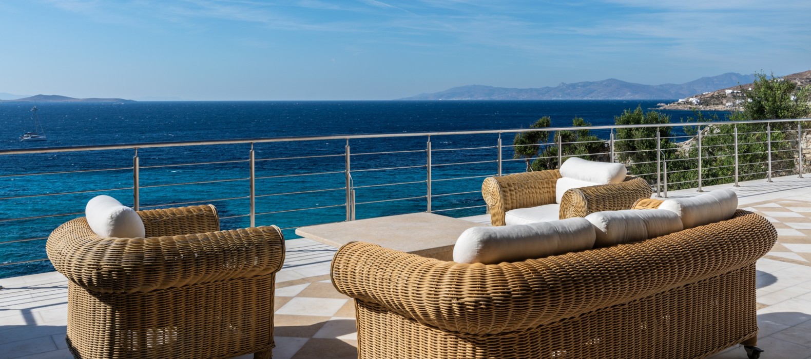 Exterior chill area with sea view of Villa Dryope in Mykonos