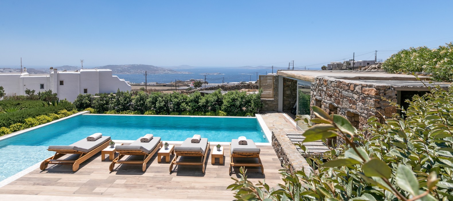 Exterior pool area view of Villa Elegant Elana in Mykonos