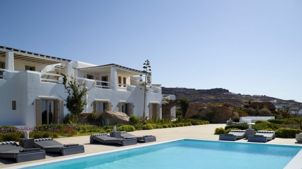 Exterior pool area view of Villa Posidonia in Mykonos