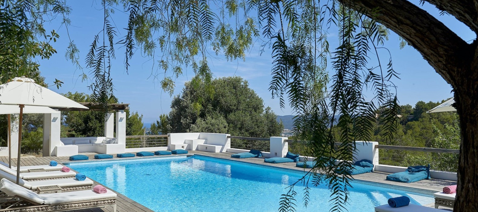 Exterior pool area view of Finca Las Velas in Ibiza