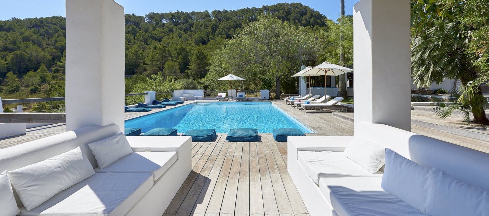 Exterior pool and chill area of Finca Las Velas in Ibiza
