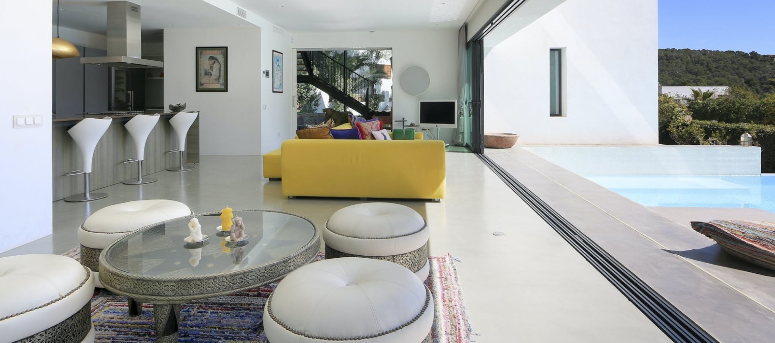 Big living room and open kitchen of Villa Love and Light in Ibiza