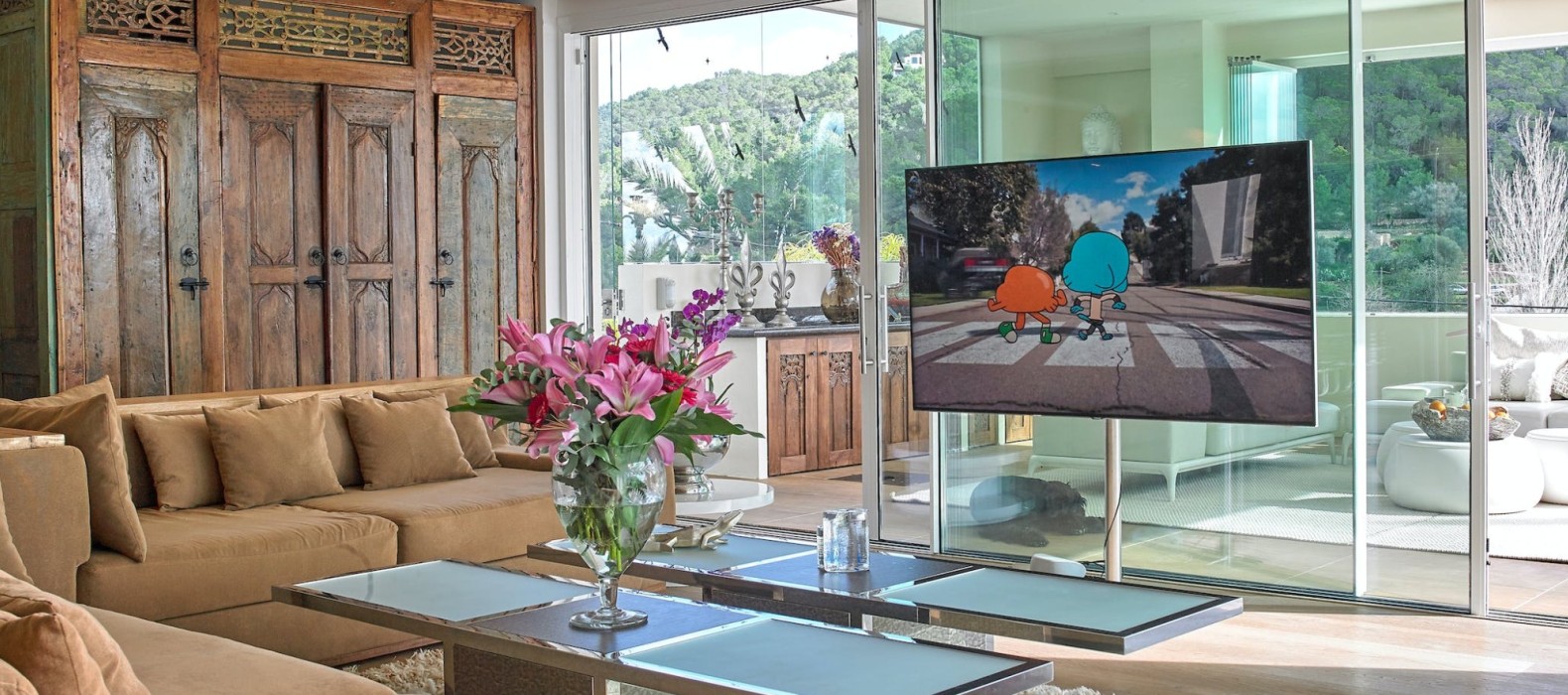 Living room area with television of Villa Lusona Ibiza