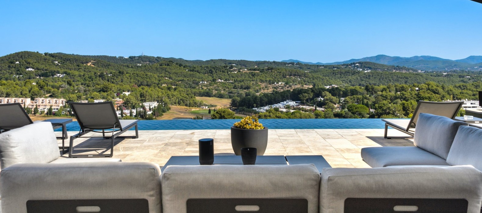 Exterior chill area with pool view of Villa Roca Indigo in Ibiza